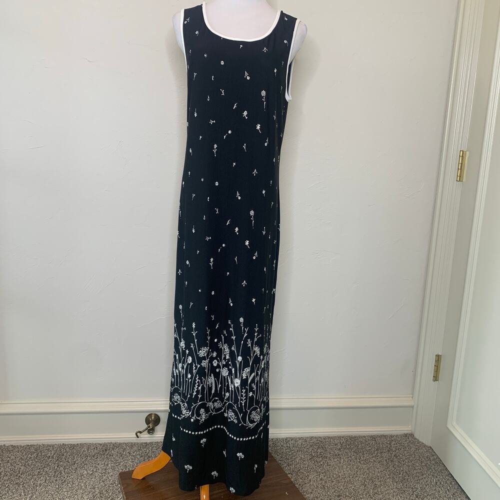 Vintage Black Tank Dress Sz XL Flower Design White Trim
